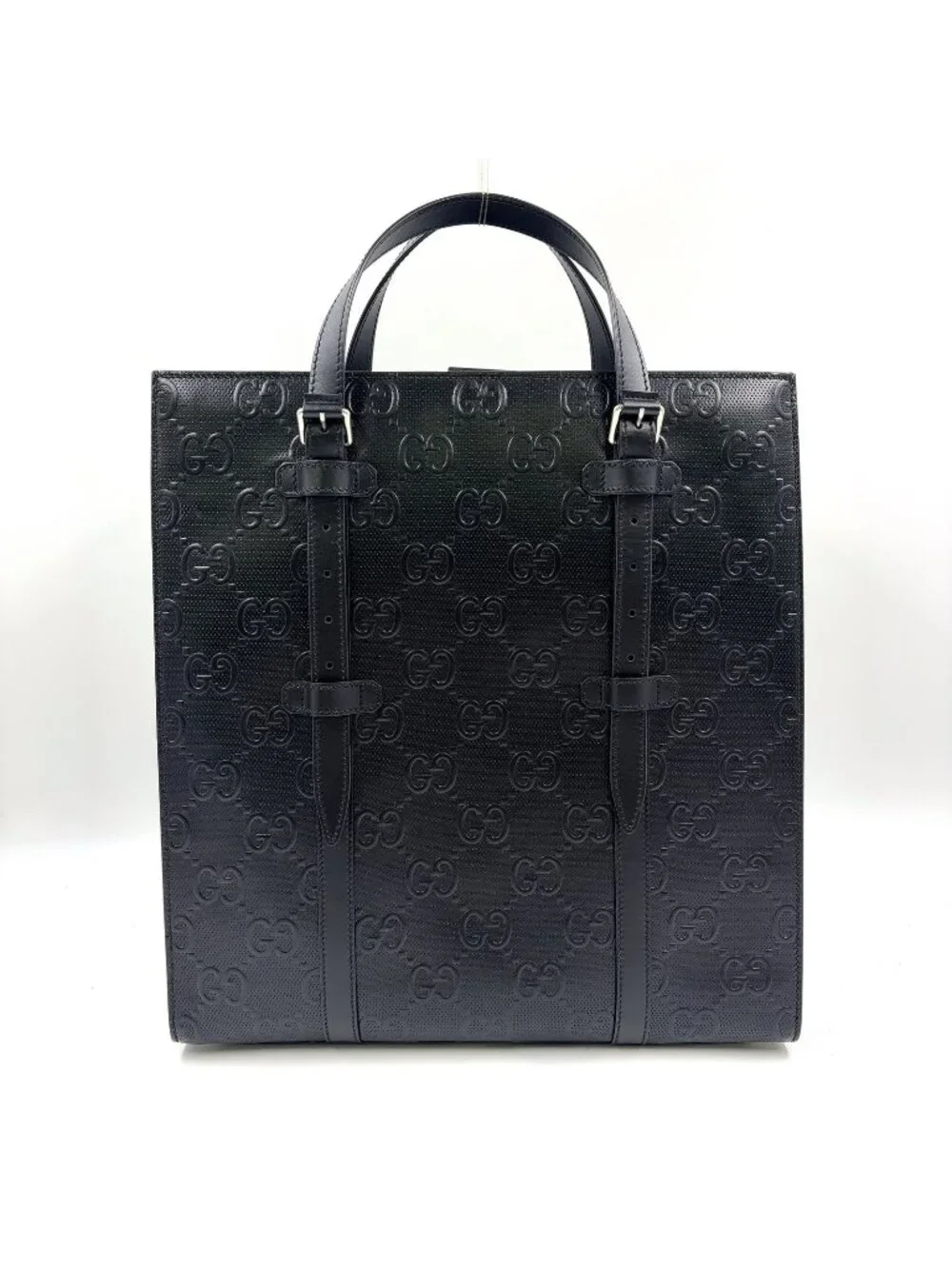 Gucci GG Embossed Calfskin Black Tote Silver